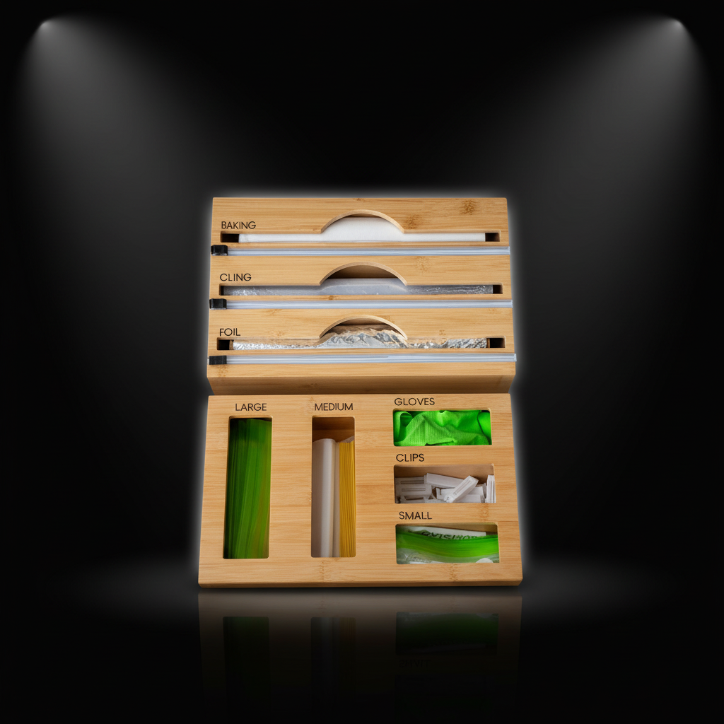 Bamboo Food Wrap Dispenser & Sandwich Bag Organiser Pack