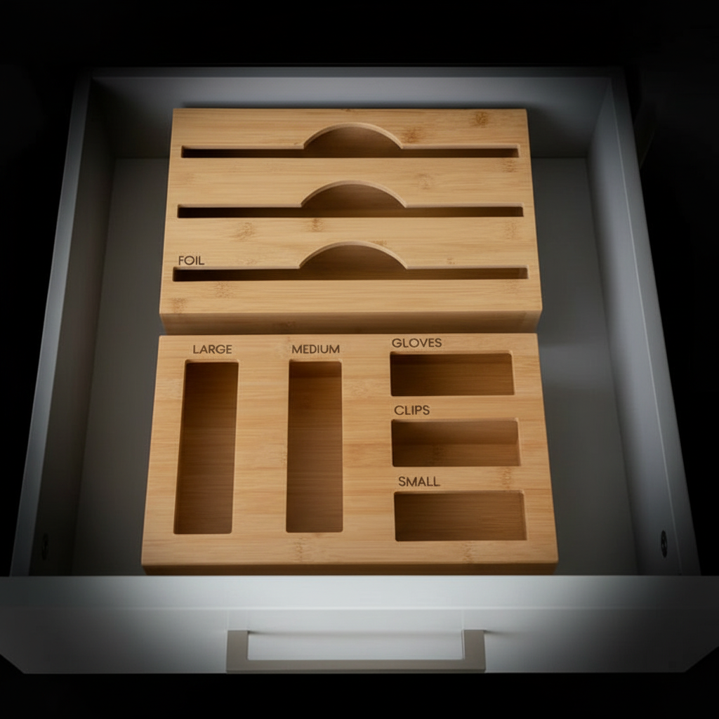 Bamboo Food Wrap Dispenser & Sandwich Bag Organiser Pack